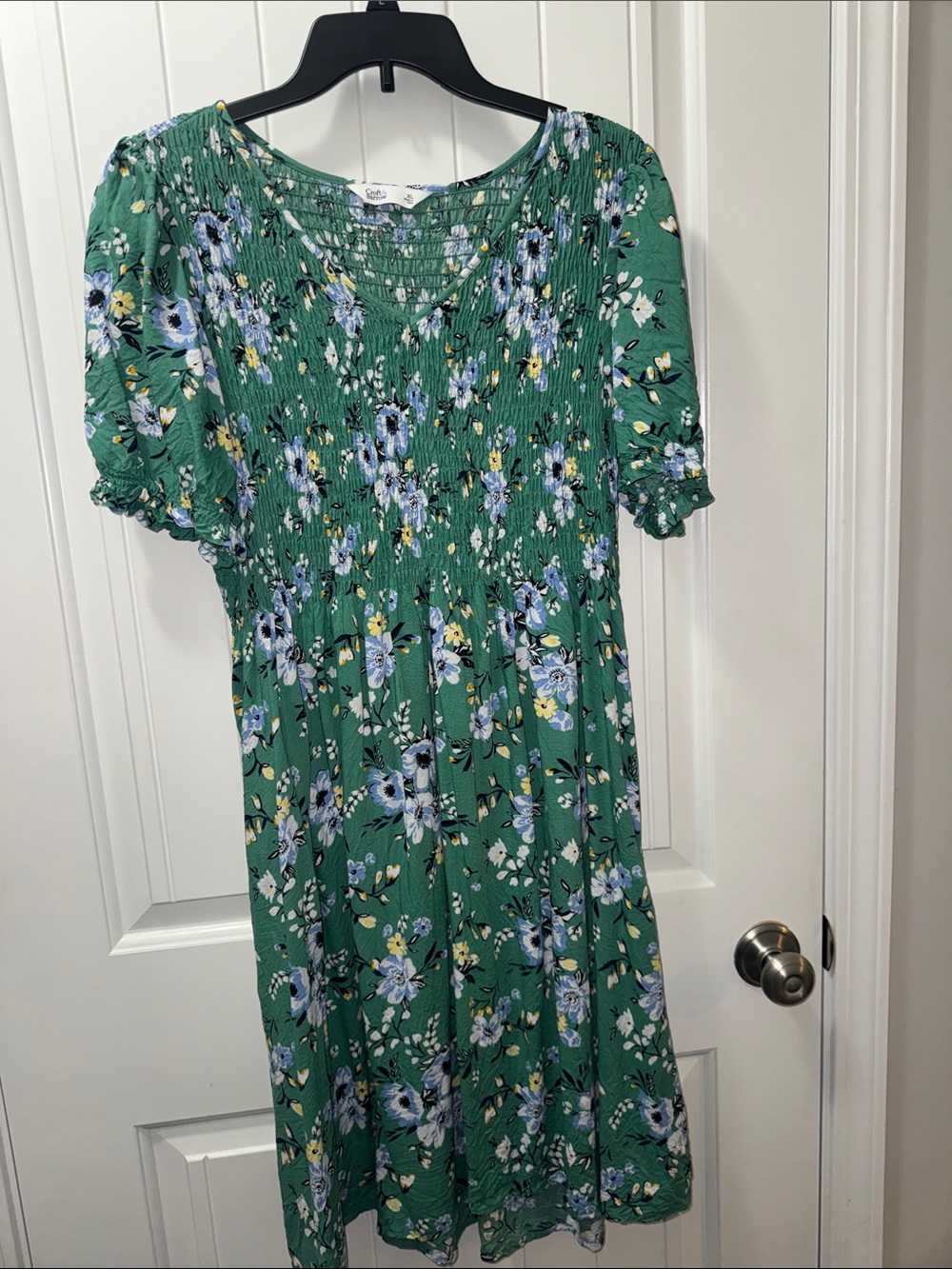 croft & barrow Green Floral Smocked Midi Dress with Blue & Yellow Accents